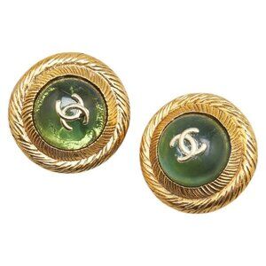 CHANEL Green Logo Earrings